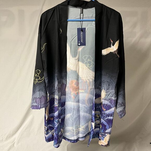 Kimono Cardigan Uomo Stile Giapponese - Giacca Leggera Con Motivo Gru Volante | Maniche Sette E Chiusura A Bottone - Foto 5